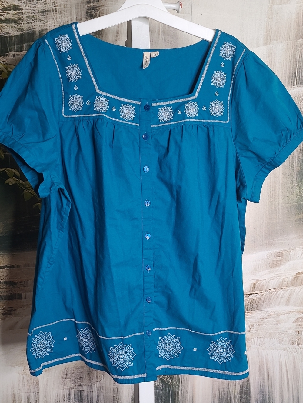 St Johns Bay Womens 2X teal floral embroidery short sleeve button up blouse
